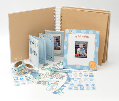 instax rinkinys 1-ajam vaiko gimtadieniui, mėlynas (rėmelis, albumas, lipdukai ir dekoruota lipni jostelė)