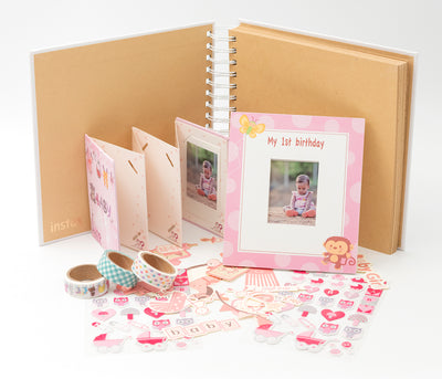 instax rinkinys 1-ajam vaiko gimtadieniui, rožinis (rėmelis, albumas, lipdukai ir dekoruota lipni jostelė)